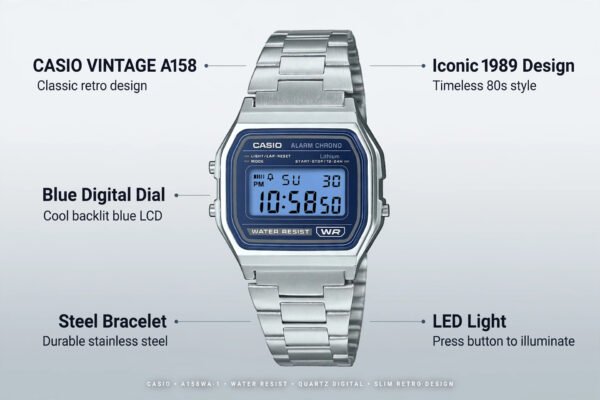 D426-infographic Casio Vintage A158 Blue Dial Digital Watch