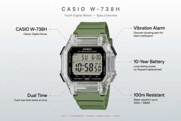 Casio W-738H Youth Digital Watch – Vibration Alarm