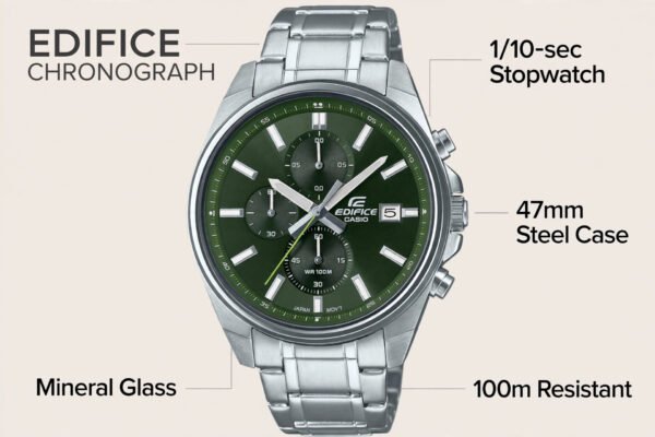 ED586-infographic Casio Edifice Green Dial Chronograph ED586 – Men's